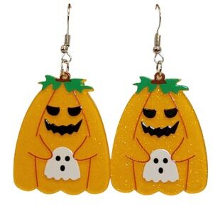 Jack O Lantern Ghost Earrings Dangle Orange Glitter Pumpkin Halloween Spooky